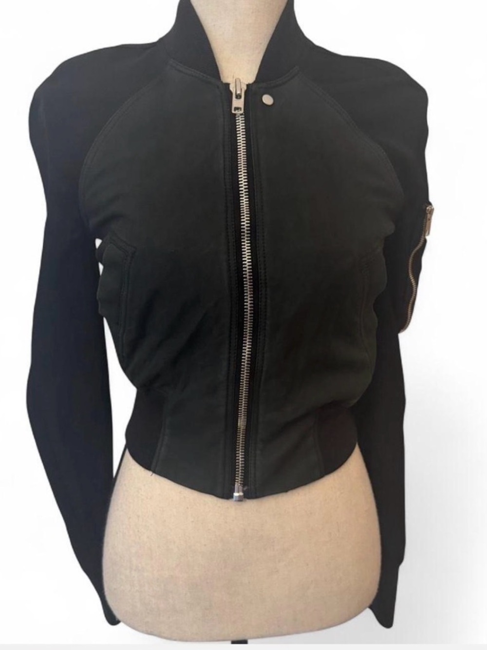 Authentic Rick Owens Cropped Flight Bomber Jacket in black lambskin leather.